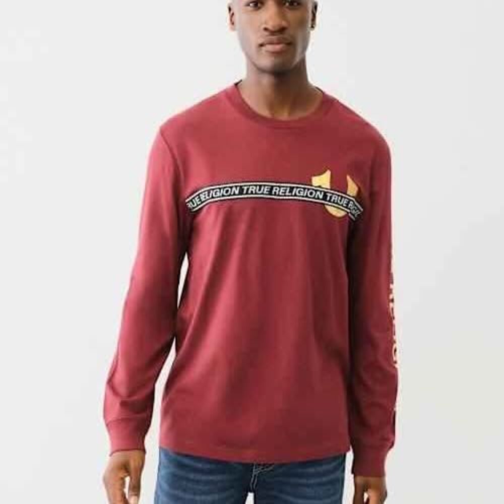 True Religion Men’s Long Sleeve Logo Tape Shirt Burgundy Gold – Size L, New